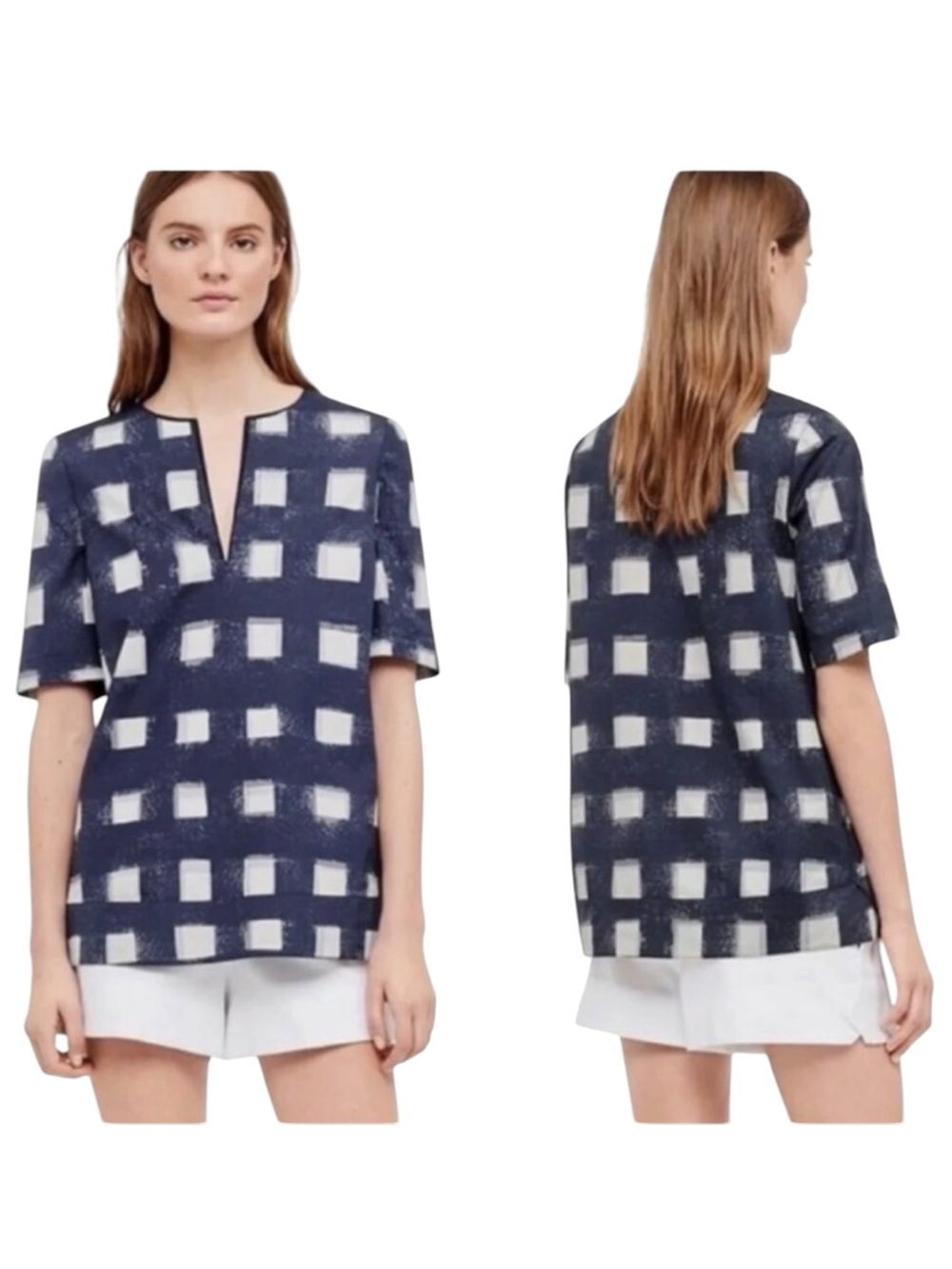 Tory Burch Antibes Poplin Cotton Top Tunic 4 Check Shirt V Neck Slits Nautical